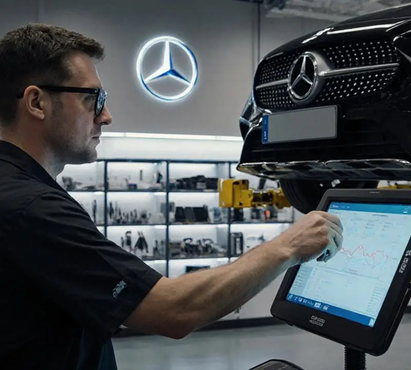 فني يراجع بيانات الفحص على جهاز لوحي أمام سيارة مرسيدس مرفوعة في الورشة