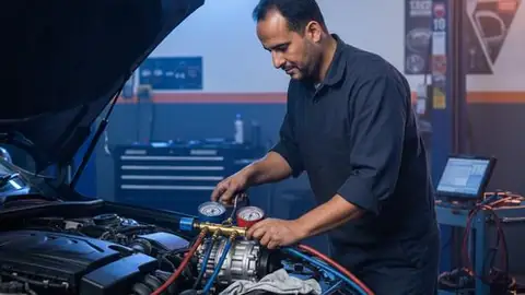 فني يقيس ضغوط مكيف سيارة مرسيدس بعدادات التعبئة