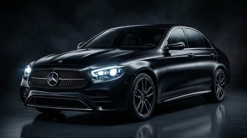 سيارة مرسيدس E-Class سوداء بأضواء أمامية مضاءة في استوديو مظلم
