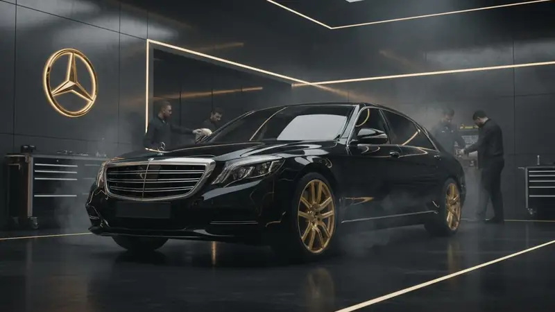 سيارة مرسيدس S-Class سوداء لامعة داخل ورشة مع فنيين