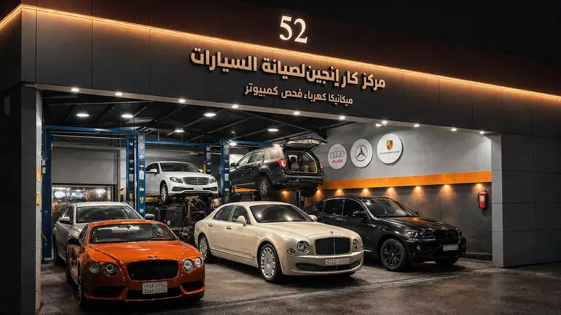 واجهة مركز كار إنجين رقم 52 ليلًا وسيارات داخل منطقة الصيانة